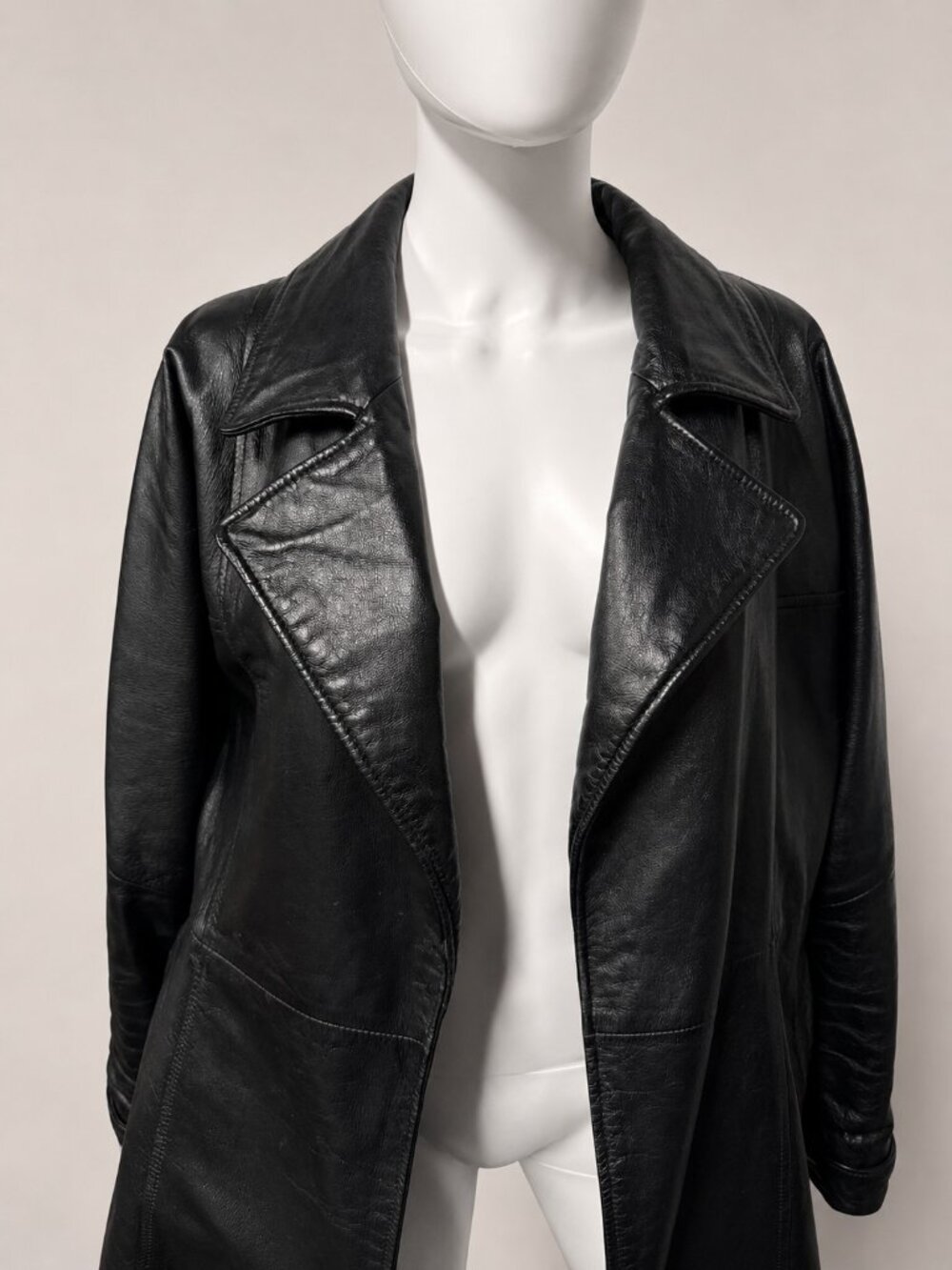 Dope Vintage 90's Wilsons Black Leather Mid-Length Trench Coat